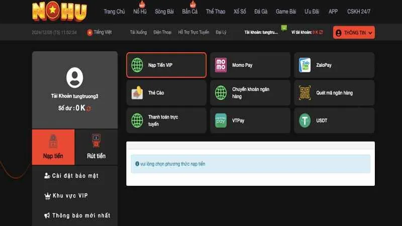 Chọn phương thức nạp và bắt đầu giao dịch